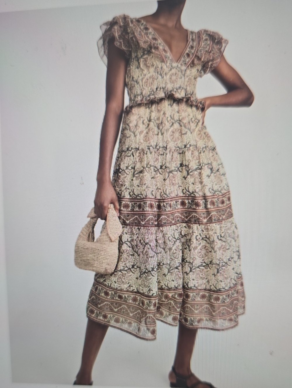 Sea New York Beige and Brown Floral Tiered Midi Dress